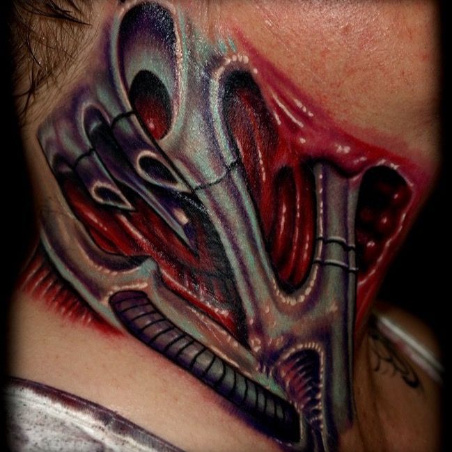 Biomechanical Neck Ear Tattoo by Tattoo by Roman