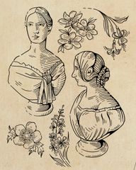 Regency and Victorian inspired head busts with surrounding florals. All in a woodcut and engraving informed linework style. 