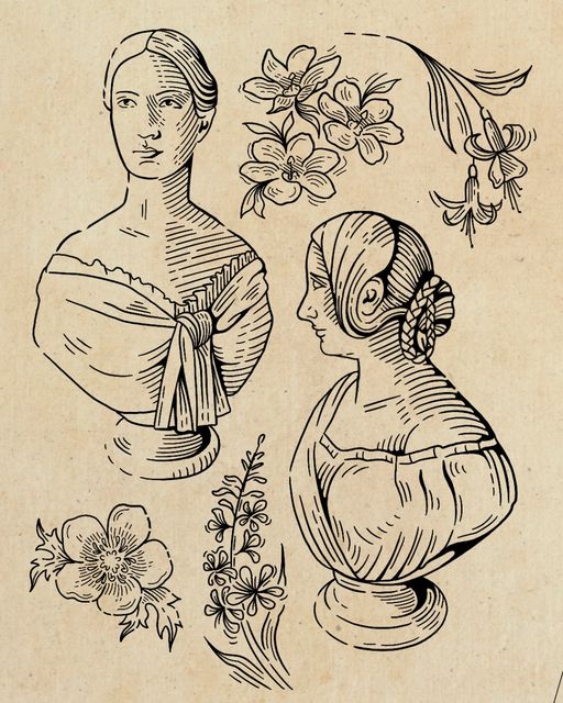Regency and Victorian inspired head busts with surrounding florals. All in a woodcut and engraving informed linework style.