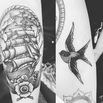 By our multitalented artist Ali Agarth #traditionaltattoo #traditionaltattoos #sparrow #swallow #blackandgreytattoo #shiptattoo #pirateshiptattoo #pirateship