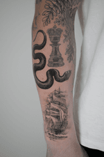 Snake and tall ship fine line patch work tattoo