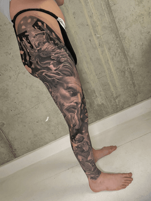 classical sculptures full sleeve leg black and grey surrealistic greek and romans tattoo in progress,  best tattoo artist london uk