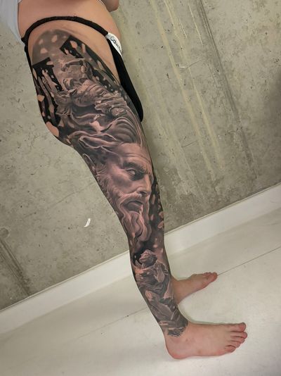 classical sculptures full sleeve leg black and grey surrealistic greek and romans tattoo in progress, best tattoo artist london uk