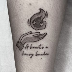 Get a cute anime-inspired tattoo of Calcifer from Howl's Moving Castle by the talented artist Barbara Nobody.