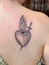 Flaming Heart and Sword Back Tattoo