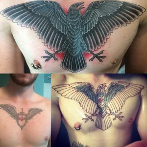 Cover up #coveruptattoo #crowtattoo  #traditionaltattoos #chestpiece #tattoo #traditional #blackink 