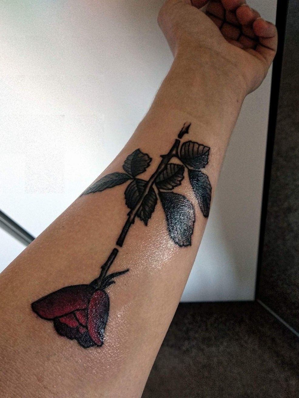 any ideas for DM inspired tattoos im not 100 on which rose but ik i  want violator in its original font on it too i also want a lyric from  strangelove or