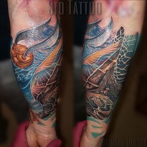 Sea turtle with Harry Potter theme touch Sleeve in progress by Igor Sto #realistic #realism #turtle #seaturtle #turtletattoo #colorrealism #colortattoo #tattoo #tattoos #goldensnitch #seacreature #sea #colortattoo #halfsleeve 