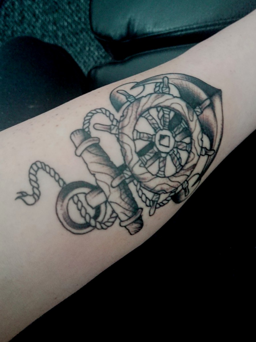 Ship wheel tattoo old school  Wheel tattoo Elbow tattoos Ship wheel  tattoo