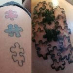 Before and after from my first tattoo to it's update puzzle pieces 