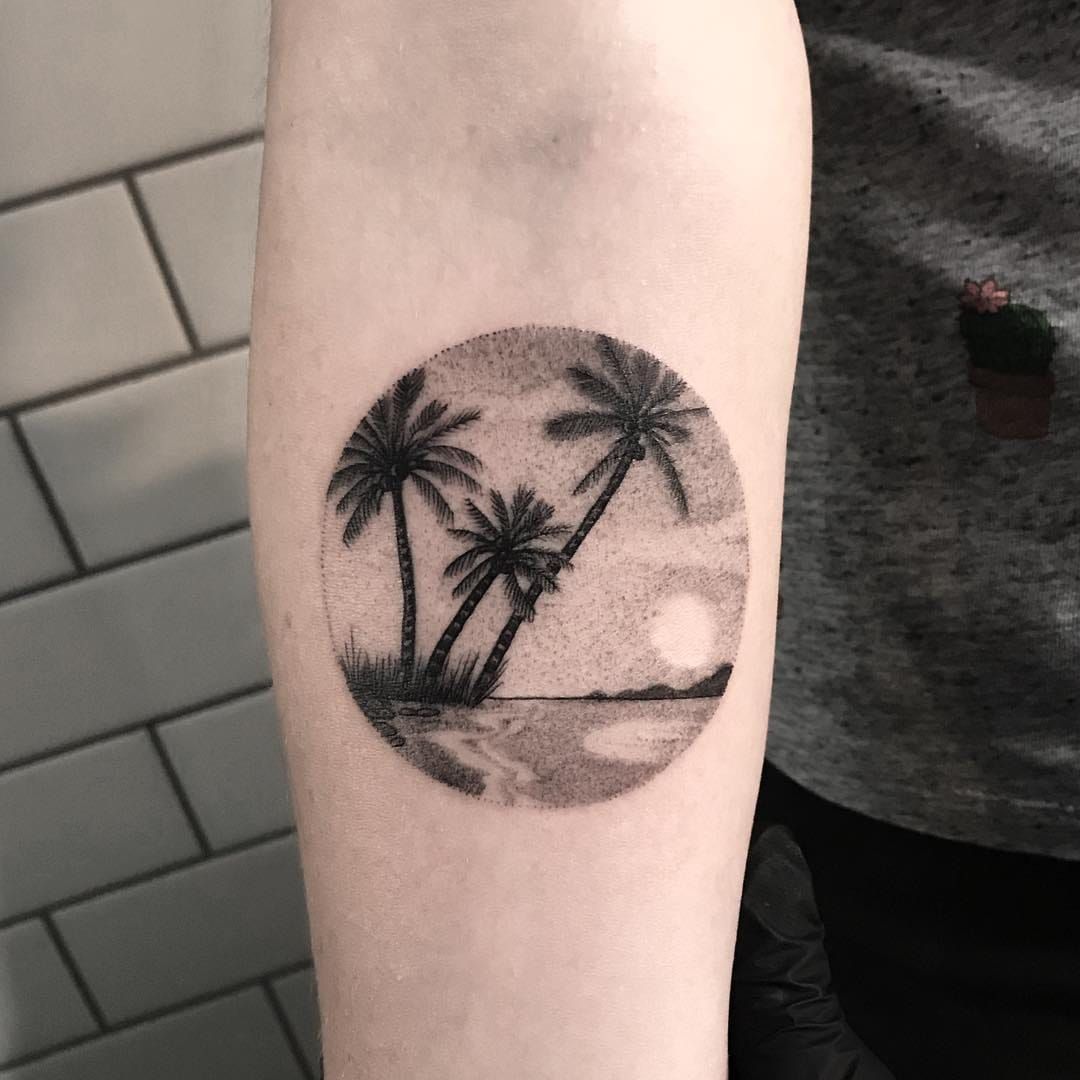 Tattoo uploaded by Tattoodo  Holiday in the sun Tattoo by Ash Timlin  ashtimlin tropicaltattoos color traditional island palmtree coconuts  leaves nature sun sand beach landscape ocean waves dotwork  illustrative  Tattoodo