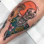 Death on holiday. Tattoo by Dana aka anecdotesofdana #Dana #anecdotesofdana #tropicaltattoos #color #traditional #skeleton #death #skull #goldtooth #pinacolada #birds #vacation #hawaiianshirt #portrait