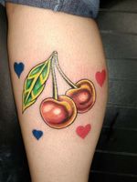 Cool little cherry piece with hearts to represent her children thx for looking #newschooltattoo #newschool #color #colortattoo #funtattoos #cooltattoo #cherry 