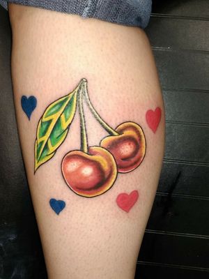 Cool little cherry piece with hearts to represent her children thx for looking#newschooltattoo #newschool #color #colortattoo #funtattoos #cooltattoo #cherry 
