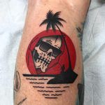 FIshing in Miami the the reaper. Tattoo by Death Cloak #DeathCloak ##tropicaltattoos #color #newschool #traditional #mashup #sun #fishing #palmtree #skull #death #island #waves #ocean #sunglasses #reaper