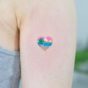 Bb vacation tattoo by Zihee #Zihee #tropicaltattoos #color #watercolor #small #palmtree #island #waves #ocean #sea #moon #sunset #landscape #seascape #beach #clouds #sky