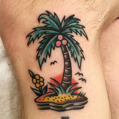 Island of my own. Tattoo by Jeff P Does #JeffPDoes #tropicaltattoos #color #traditional ##island #palmtree #coconuts #flower #leaves #nature #landscape #ocean #waves #birds #beach