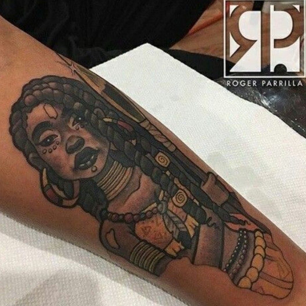 Black Ink African Queen Tattoo On Right Half Sleeve  African queen tattoo  African tattoo Queen tattoo