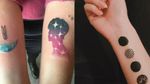 Three different BTS related tattoos. Wings album cover, BTS A.R.M.Y and half moon and members head with ombre black, blue, red and purple