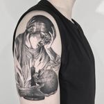Momento Mori tattoo by Vanpira #Vanpira #vanpriegonova #blackandgrey #illustrative #linework #etching #woodblock #engraving #woman #lady #portrait #skull #death #candle #light #momentomori