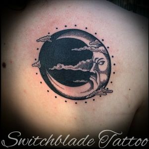 Moon design done by Crystal Scott at Switchblade tattoos  #moon #moontattoo #dotworktattoo #dotwork #fineline 