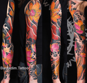 Japanese tattoo. Japanese sleeve. #japanese #japanesetattoo #sleeve #lotus #fish #fullcolor #fullsleeve #color #traditionaltattoo 