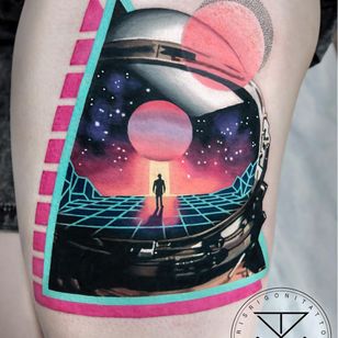 Tattoo by Chris Rigoni #ChrisRigoni #realism #realistic #hyperrealism #black gray #color #abstract #shapes #mashup #astronaut #scifi #galaxy #solar system #space