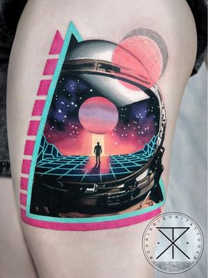 Tattoo by Chris Rigoni #ChrisRigoni #realism #realistic #hyperrealism #blackandgrey #color #abstract #shapes #mashup #astronaut #scifi #galaxy #solarsystem #space