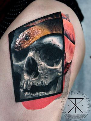 Tattoo by Chris Rigoni #ChrisRigoni #realism #realistic #hyperrealism #blackandgrey #color #abstract #shapes #mashup #skull #death #snake #reptile #dotwork