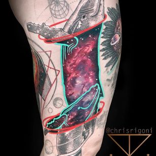 Tattoo by Chris Rigoni #ChrisRigoni #realism #realistic #hyperrealism #black gray #color #abstract #shapes #mashup #whale #oceanlife #illustrative #linework #galaxy #stars #solar system