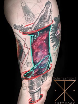 Tattoo by Chris Rigoni #ChrisRigoni #realism #realistic #hyperrealism #blackandgrey #color #abstract #shapes #mashup #whale #oceanlife #illustrative #linework #galaxy #stars #solarsystem