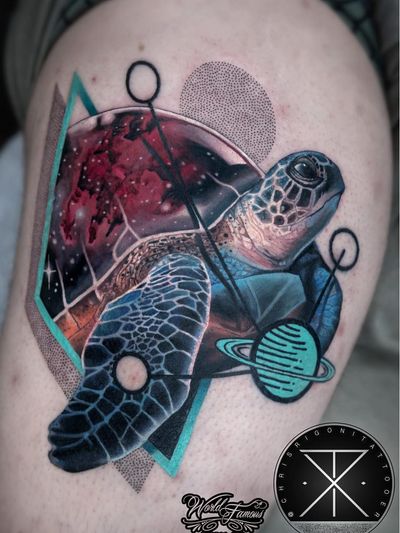 Tattoo by Chris Rigoni #ChrisRigoni #realism #realistic #hyperrealism #blackandgrey #color #abstract #shapes #mashup #turtle #galaxy #solarsystem #stars #oceanlife #nature #animal
