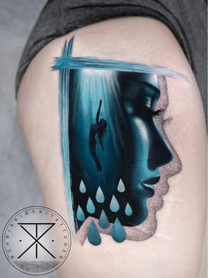 Tattoo by Chris Rigoni #ChrisRigoni #realism #realistic #hyperrealism #blackandgrey #color #abstract #shapes #mashup #selfharmscarcoverup# scarcoverup #coverup #teardrops #underwater #swim #lady #ladyhead #portrait