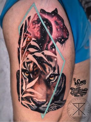 Tattoo by Chris Rigoni #ChrisRigoni #realism #realistic #hyperrealism #blackandgrey #color #abstract #shapes #mashup #tiger #leaves #galaxy #solarsystem #stars #planets #nature #animal