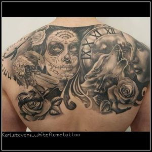 Back piece #karlstevens #whiteflame #ink #art #skin #tattoooftheday #portrait #wolftattoo #runes #crow #dayofthedead #backpiece #roses