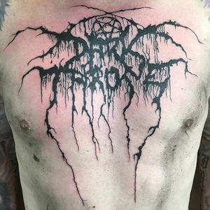 Brutal Dark Throne chest piece. Tattoo by Benjamin Toner #benjamintoner #metaltattoos #Darkthrone #lettering #metal #darkart #chestpiece #music #band #blackmetal #norwegian