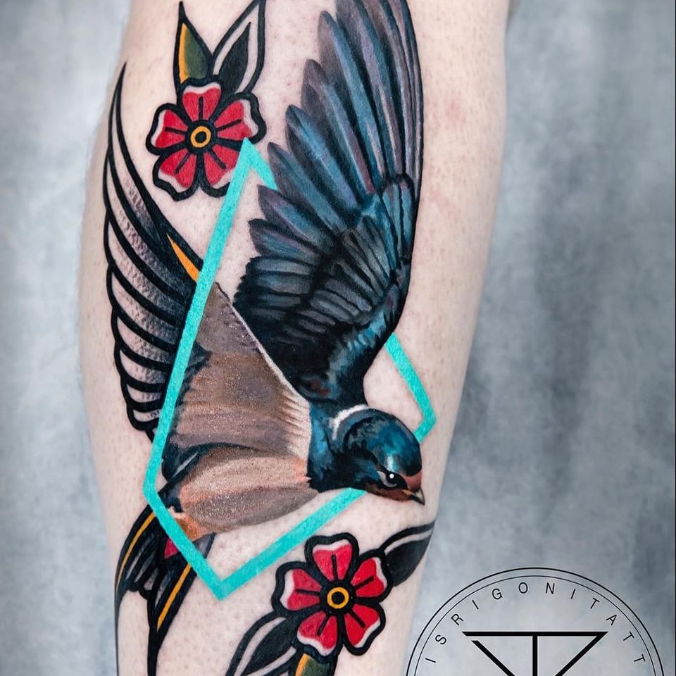Tattoo by Chris Rigoni #ChrisRigoni #realism #realistic #hyperrealism #black gray #color #abstract #shapes #mashup #bird #feather #wings #flowers #flowers #leaves #naturaleza #traditional
