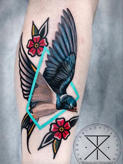 Tattoo by Chris Rigoni #ChrisRigoni #realism #realistic #hyperrealism #blackandgrey #color #abstract #shapes #mashup #bird #feathers #wings #flowers #floral #leaves #nature #traditional