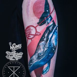 Tattoo by Chris Rigoni #ChrisRigoni #realism #realistic #hyperrealism #black gray #color #abstract #shapes #mashup #whale #oceanlife #stars #galaxy #solar system #planets