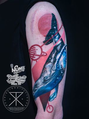 Tattoo by Chris Rigoni #ChrisRigoni #realism #realistic #hyperrealism #blackandgrey #color #abstract #shapes #mashup #whale #oceanlife #stars #galaxy #solarsystem #planets