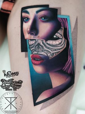 Tattoo by Chris Rigoni #ChrisRigoni #realism #realistic #hyperrealism #blackandgrey #color #abstract #shapes #mashup #lady #ladyhead #portrait #scifi #robot #ghostintheshell #alien