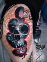 Tattoo by Chris Rigoni #ChrisRigoni #realism #realistic #hyperrealism #blackandgrey #color #abstract #shapes #mashup #skull #snake #chrysanthemum #flowers #floral #silhouette #death #nature #animal
