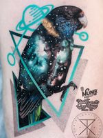 Tattoo by Chris Rigoni #ChrisRigoni #realism #realistic #hyperrealism #blackandgrey #color #abstract #shapes #mashup #bird #parrot #solarsystem #stars #galaxy #feathers #wings #dotwork #saturn
