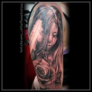 Native American girl #whiteflame #karlstevens #tattoo #skin #art #ink #blackandgreyshade #tattoooftheday #nativeamerican #halfsleeveinprogress #silverbackink 