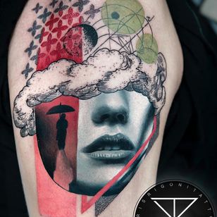 Tattoo by Chris Rigoni #ChrisRigoni #realism #realistic #hyperrealism #black gray #color #abstract #shapes #mashup #portrait #lady #ladyhead #sky #rain #apprace #pattern #ornamental #illustrative