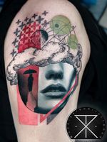 Tattoo by Chris Rigoni #ChrisRigoni #realism #realistic #hyperrealism #blackandgrey #color #abstract #shapes #mashup #portrait #lady #ladyhead #cloud #rain #umbrella #pattern #ornamental #illustrative