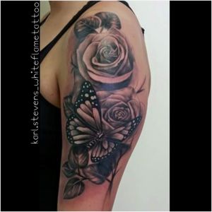 #tattoooftheday #karlstevens #whiteflame #silverbackink #blackandgreytattoo #butterflytattoo #roses 