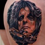 Alice Cooper tattoo by Khan #khantattoo #metaltattoos #realism #realistic #hyperrealism #color #portrait #AliceCooper #music #snake #reptile #metal #rockandroll #musician #famous