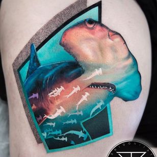 Tattoo by Chris Rigoni #ChrisRigoni #realism #realistic #hyperrealism #black gray #color #abstract #shapes #mashup #hammer shark #shark #sealife #dotwork #naturaleza