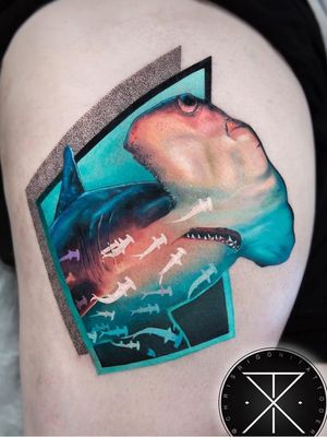Tattoo by Chris Rigoni #ChrisRigoni #realism #realistic #hyperrealism #blackandgrey #color #abstract #shapes #mashup #hammerheadshark #shark #oceanlife #dotwork #nature